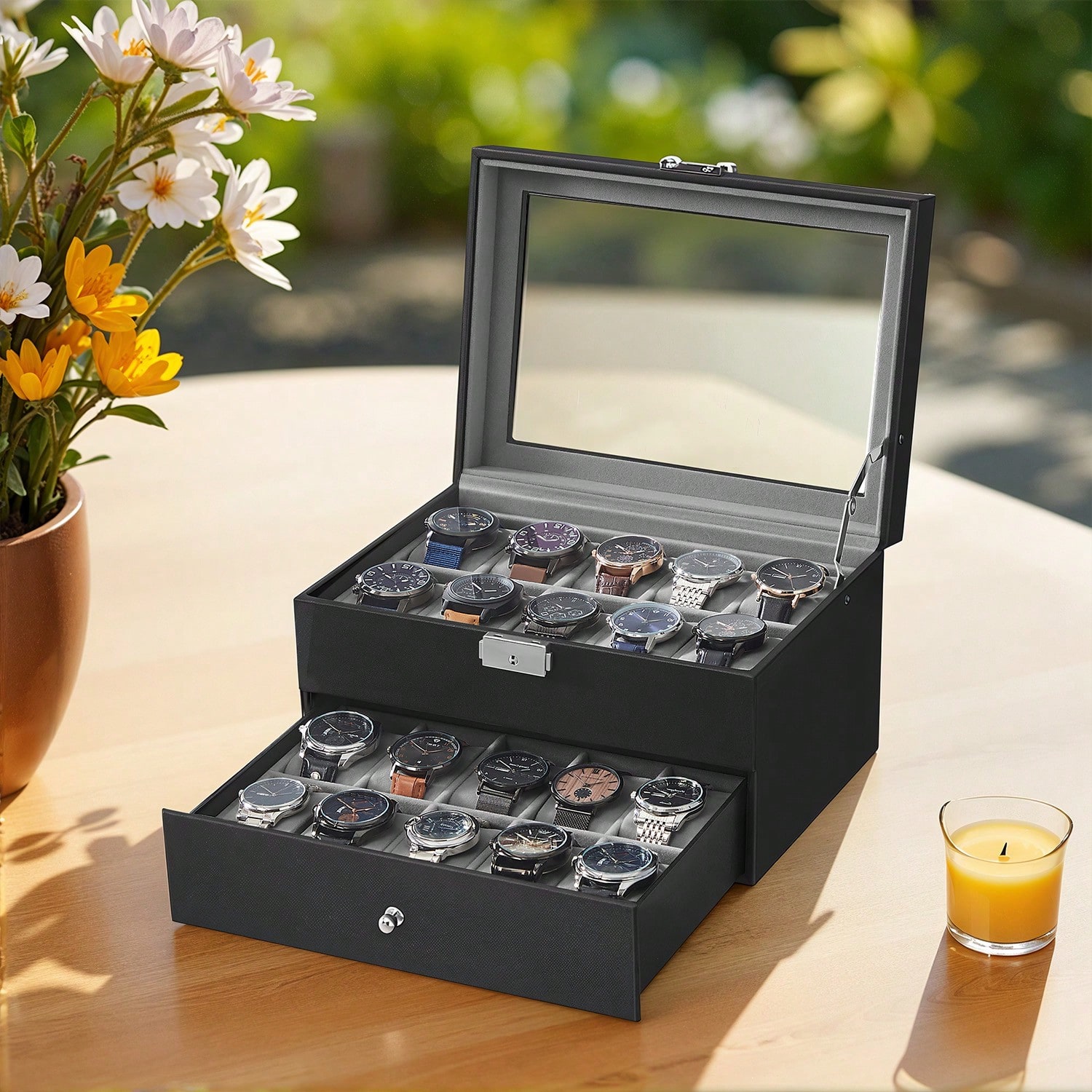 Jewelry Watches Box - 20 Bölmeli Cam Kapaklı ve Kilitli